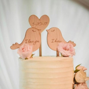 Topper per torta per matrimonio, uccelli in legno e toppers per torta a cuore set da 3 pezzi, topper per torta nuziale rustica, decorazione per torta, topper per torta con uccelli d'amore