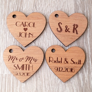 Personalized wedding favor tags, wooden heart tags, rustic wedding favor tags, wedding favors, custom engraved wooden hearts, 25 pc