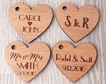 Personalized wedding favor tags, wooden heart tags, rustic wedding favor tags, wedding favors, custom engraved wooden hearts, 25 pc