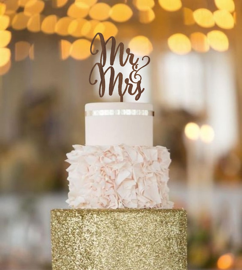 Mr & Mrs wedding cake topper, rustic cake topper, mr and mrs topper, wooden cake topper, gold, silver and 6 wood options to choose from image 1