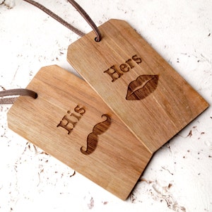 His and Hers Personalized wooden luggage tags, custom engraved walnut luggage tags, wedding gift, anniversary gift, engraved on both sides