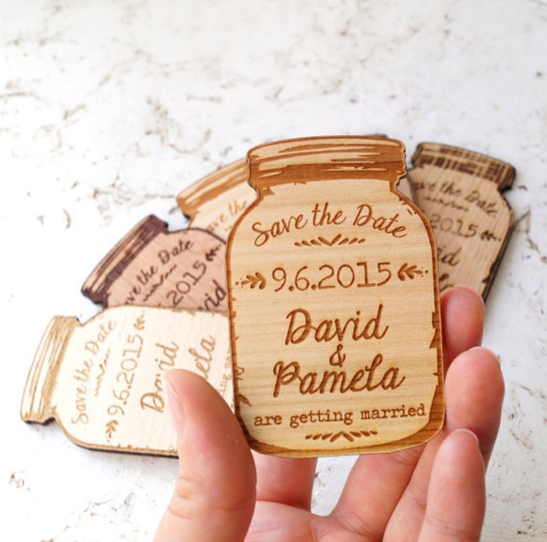 Mason Jar Save The Date Magnet, Save The Date Magnet, Personalized Save The Date, Wedding Invitation.Rustic Magnet.Wood magnet image 1
