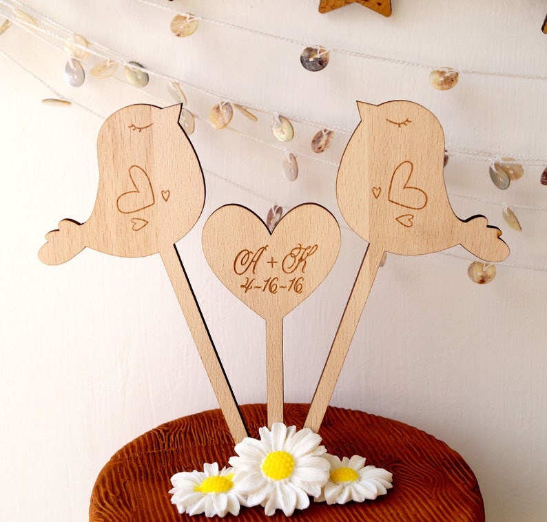Love birds cake topper, wedding cake topper, personalized cake topper, rustic wooden cake topper, birds and a heart cake toppers set of 3 image 4