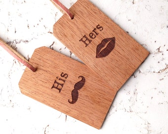 His and Hers personalized wooden luggage tags, custom engraved mahogany luggage tags, wedding gift, anniversary gift, engraved on both sides