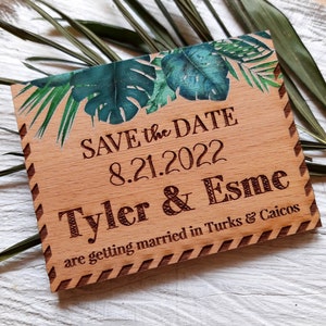 Save the dates with tropical design, save the date magnets, rustic wooden magnets, personalized tropical beach wedding save the dates