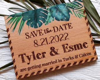 Save the dates with tropical design, save the date magnets, rustic wooden magnets, personalized tropical beach wedding save the dates