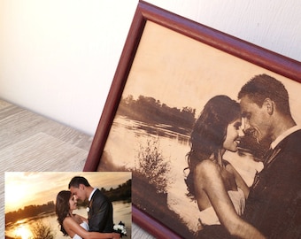 Engraved photograph on real leather, 3rd wedding anniversary gift idea, custom engraved framed picture, leather engraving, unique gift