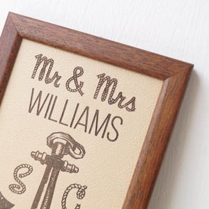 3rd wedding anniversary gift, leather wedding sign, engraved leather anniversary family name sign, framed leather picture, custom engraving