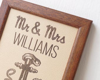 3rd wedding anniversary gift, leather wedding sign, engraved leather anniversary family name sign, framed leather picture, custom engraving