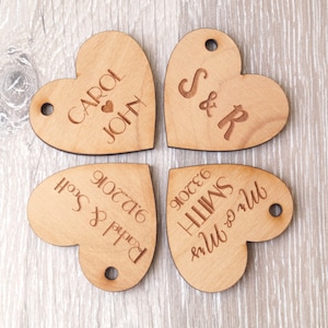 Wedding favor tags, personalized wooden tags, heart tags, rustic wedding favor tags, wedding favors, custom engraved wooden hearts, 25 pc