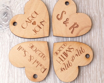 Wedding favor tags, personalized wooden tags, heart tags, rustic wedding favor tags, wedding favors, custom engraved wooden hearts, 25 pc