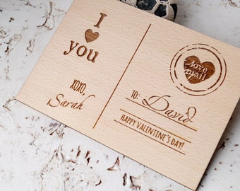 Valentine's Day card, personalized engraved wooden card, Valentines day gift, custom love mail gift card, rustic valentine's day card