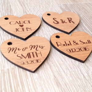Personalized wedding favor tags, wooden heart tags, rustic wedding favor tags, wedding favors, custom engraved wooden hearts, 25 pc