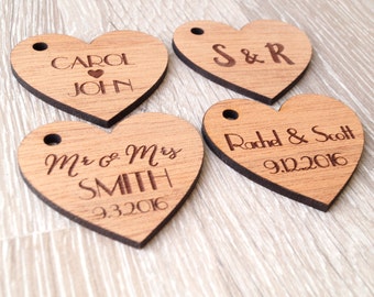 Personalized wedding favor tags, wooden heart tags, rustic wedding favor tags, wedding favors, custom engraved wooden hearts, 25 pc