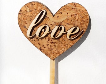 Rustic cake topper, Love wedding cake topper, Cork and wood love heart cake decor, Wooden cake topper, Cottage chic wedding decoration