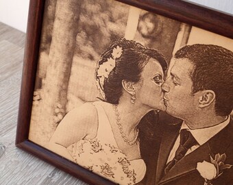 Gift for him, 3rd wedding anniversary gift idea, custom engraved framed picture, leather engraving, unique gift