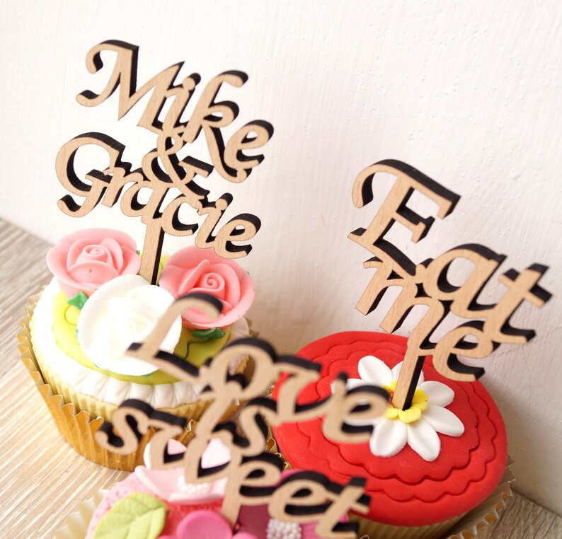 Wedding cupcake toppers, personalized cupcake toppers, wooden cupcake toppers, cupcake toppers, custom cupcake picks, set of 12 pc image 1
