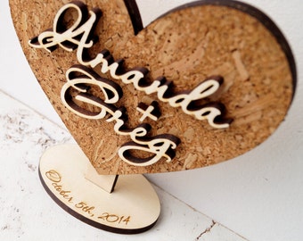 Rustic wedding heart decoration, personalized cake topper or wedding table decor, cork and wood cake topper