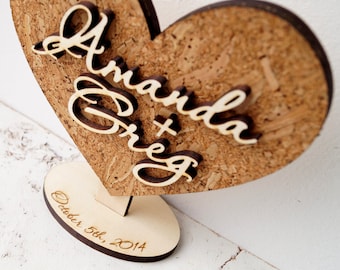 Rustic wedding heart decoration, personalized cake topper or wedding table decor, cork and wood cake topper