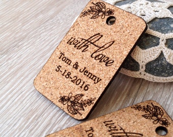 With love personalized wedding favor tags, rustic wedding favors, cork heart tags, wedding thank you tags, custom cork tags, set of 25