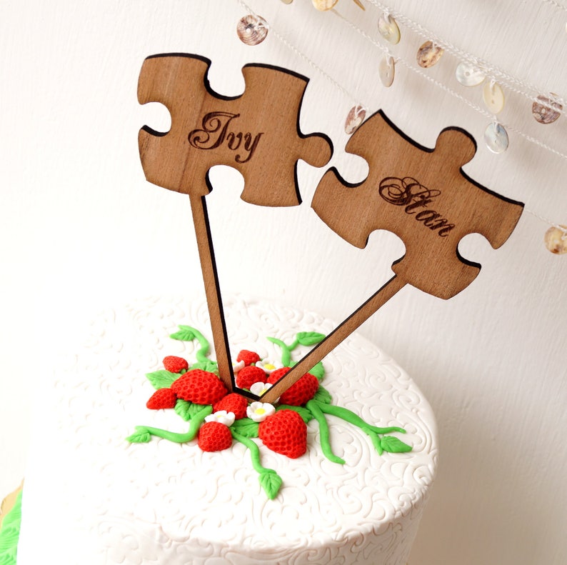 Puzzle cake toppers puzzle pieces wedding cake toppers rustic wooden cake topper personalized cake topper personalized cake toppers image 1