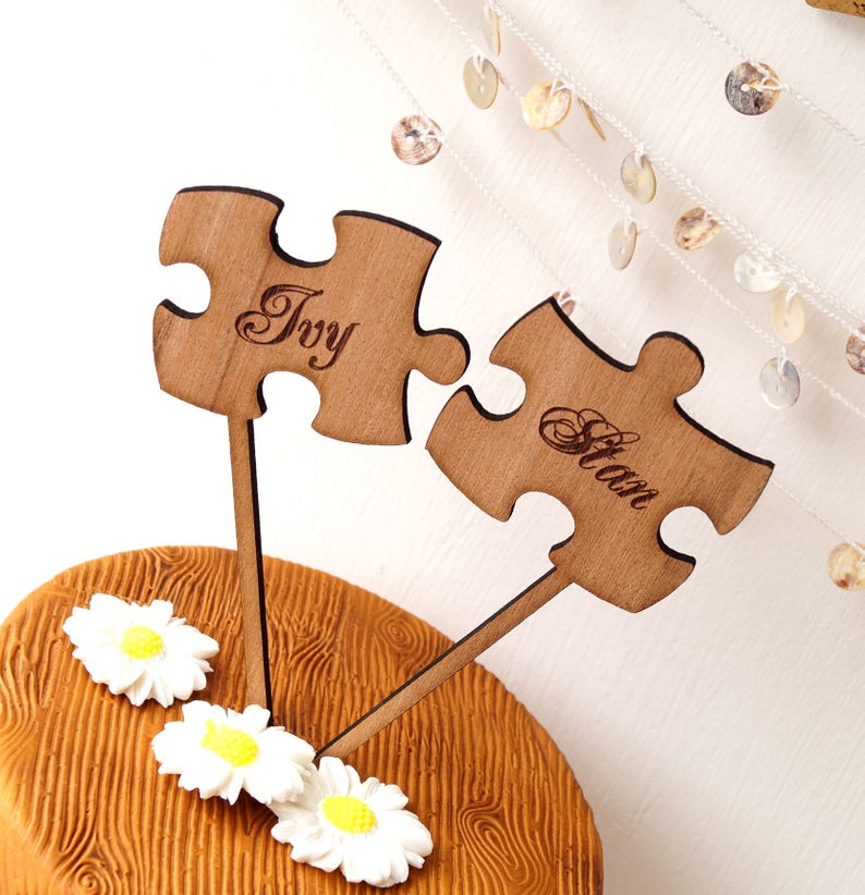Puzzle cake toppers puzzle pieces wedding cake toppers rustic wooden cake topper personalized cake topper personalized cake toppers image 2