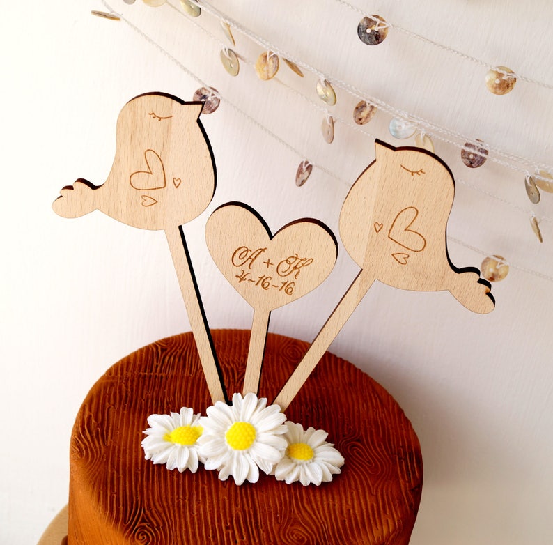 Love birds cake topper, wedding cake topper, personalized cake topper, rustic wooden cake topper, birds and a heart cake toppers set of 3 image 3