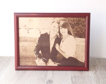 Engraved photograph on real leather, 3rd wedding anniversary gift idea, custom engraved framed picture, leather engraving, unique gift