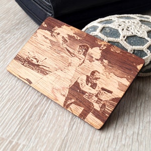 Echte fotogravure, houten portemonnee-inzetkaart, gepersonaliseerd 5-jarig jubileumcadeau, lasergegraveerde portemonnee-insert, dubbele zijdegravure