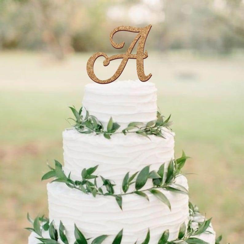 Rustic cake topper, wedding cake topper, cork cake topper, cork monogram topper, vineyard wedding decor, single cork letter cake topper image 1