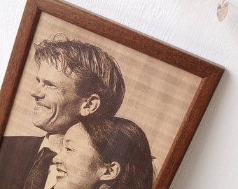 3rd wedding anniversary gift idea.Engraved photograph on real leather, custom engraved framed picture, leather engraving, unique gift