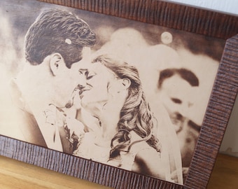 Engraved photograph on real leather.3rd wedding anniversary gift idea, custom engraved framed picture, leather engraving, unique gift