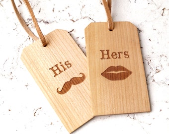 His and Hers Personalized wooden luggage tags, custom cherry wood luggage tags, wedding gift, anniversary gift, engraved on both sides