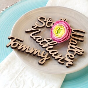 Wedding place cards, escort tags, name tags, wedding place settings, wooden cut out names, wooden place settings.Cut out place tags,