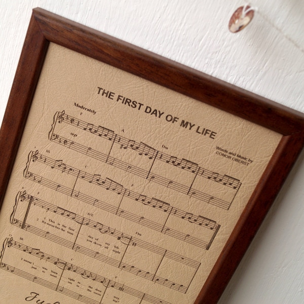 Leather engraved music sheet, personalized framed music notes, 3rd wedding anniversary gift, leather picture, custom engraving