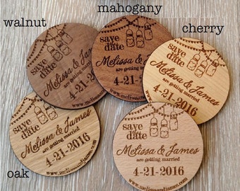 Wooden Save-the-Date magnets, mason jar design, wood save the date magnets, wooden magnets, engraved magnets, rustic save the dates