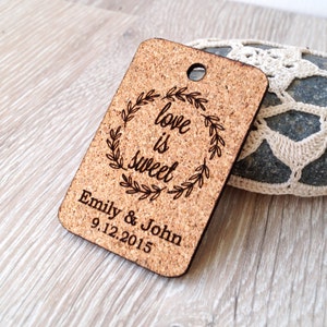Love is sweet personalized wedding favor tags, rustic wedding favors, cork heart tags, wedding thank you tags, custom cork tags, set of 25