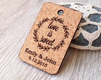Love is sweet personalized wedding favor tags, rustic wedding favors, cork heart tags, wedding thank you tags, custom cork tags, set of 25