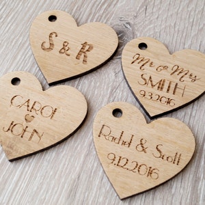 Custom wedding favor tags, personalized wooden tags, heart tags, rustic wedding favor tags, wedding favors, wooden heart tags, 25 pc image 2