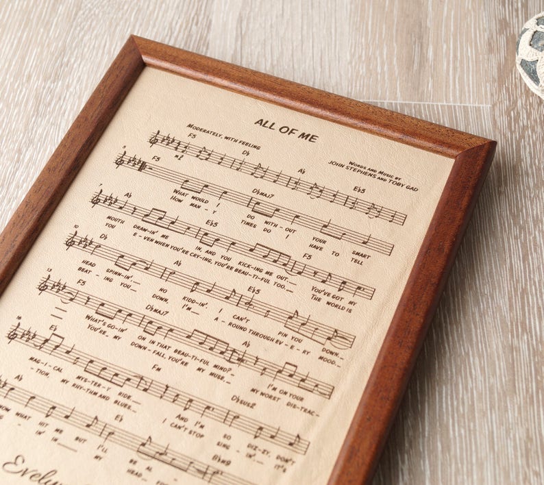 Leather engraved music sheet, personalized framed music notes, 3rd wedding anniversary gift, leather picture, custom engraving image 4