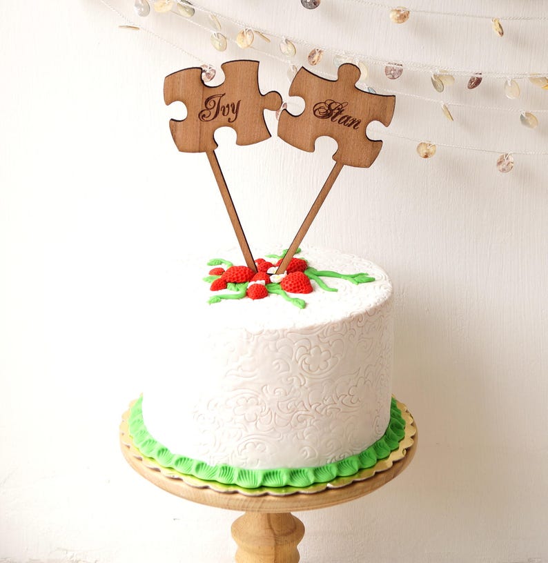 Puzzle cake toppers puzzle pieces wedding cake toppers rustic wooden cake topper personalized cake topper personalized cake toppers image 3