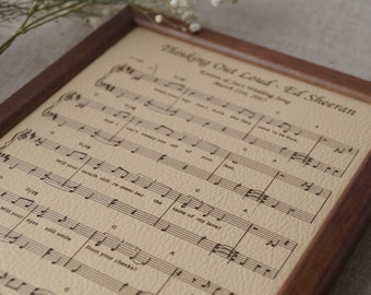 Leather engraved music sheet, personalized framed music notes, 3rd wedding anniversary gift, leather picture, custom engraving