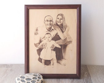 Engraved family photograph on real leather, 3rd wedding anniversary gift idea, custom framed picture, leather engraving, unique gift