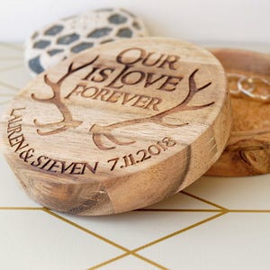 Rustic wedding ring box, wooden ring box, ring bearer box, deer antlers box, rustic acacia tree round box, personalized engraved ring box