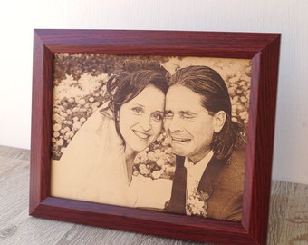 Memorial Photo, 3rd wedding anniversary gift idea, custom engraved framed picture, leather engraving, unique gift