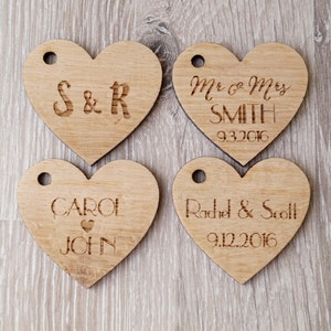Custom wedding favor tags, personalized wooden tags, heart tags, rustic wedding favor tags, wedding favors, wooden heart tags, 25 pc image 1