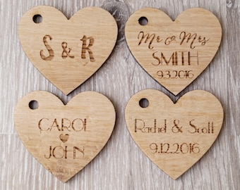 Custom wedding favor tags, personalized wooden tags, heart tags, rustic wedding favor tags, wedding favors, wooden heart tags, 25 pc