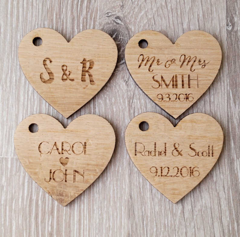 Custom wedding favor tags, personalized wooden tags, heart tags, rustic wedding favor tags, wedding favors, wooden heart tags, 25 pc image 1