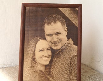 Wedding Photo, Engraved photograph on real leather, 3rd wedding anniversary gift idea, custom engraved framed picture, unique gift