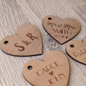 Wedding favor tags, personalized wooden tags, heart tags, rustic wedding favor tags, wedding favors, custom engraved wooden hearts, 25 pc